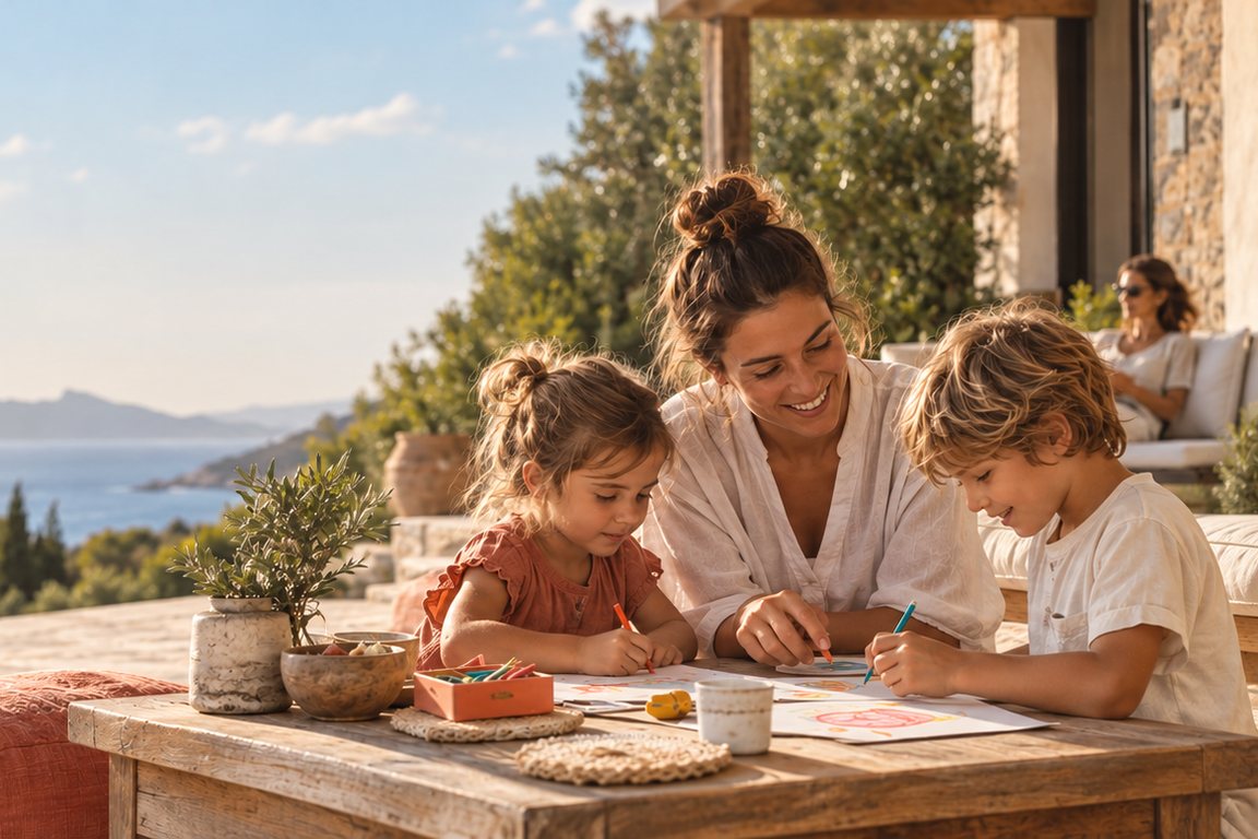 A mother drawing with her daughter and son at a table on a terrace overlooking the sea in Ibiza